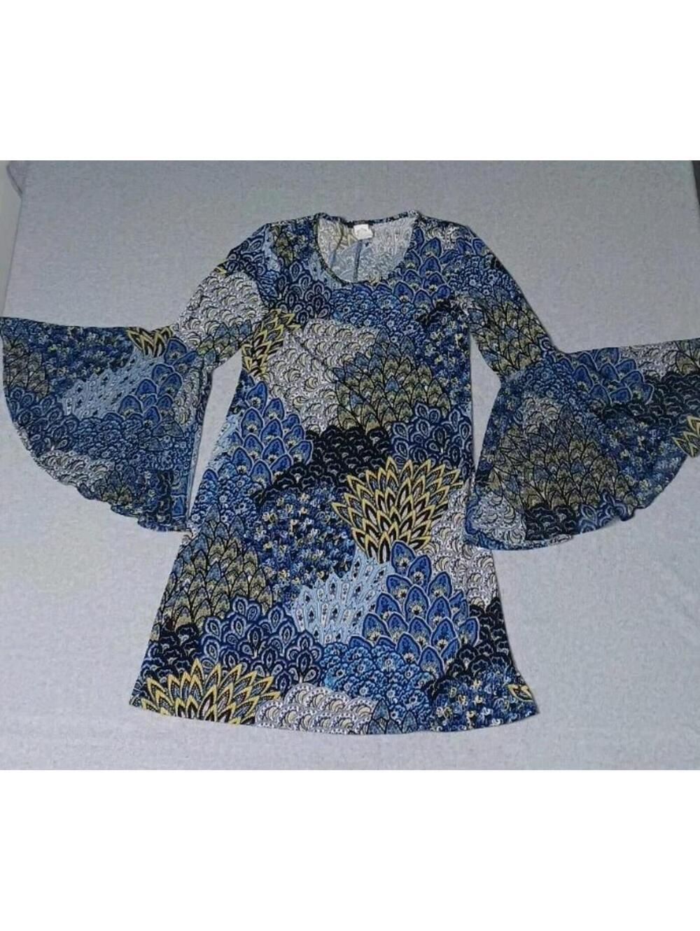 MSK Shift Bell Sleeves Y2K Dress Womens Size Small Blue Mandelas Swoop Neck...